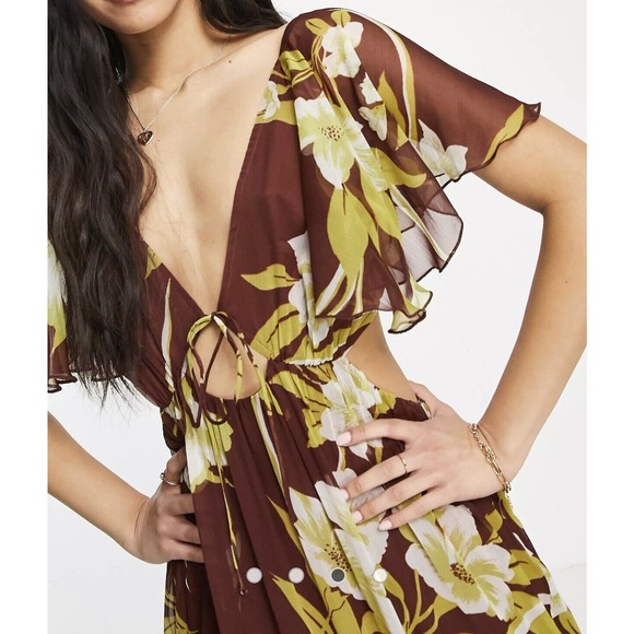 ASOS Tiered Maxi Dress 14, Plunging Neckline, Burgundy Large Floral Print - Picture 4 of 16